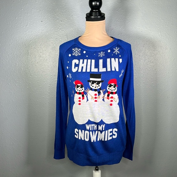 Ugly Christmas Sweater Sweaters - Blue Chillin with my snowmies snowman holiday ugly christmas sweater size M